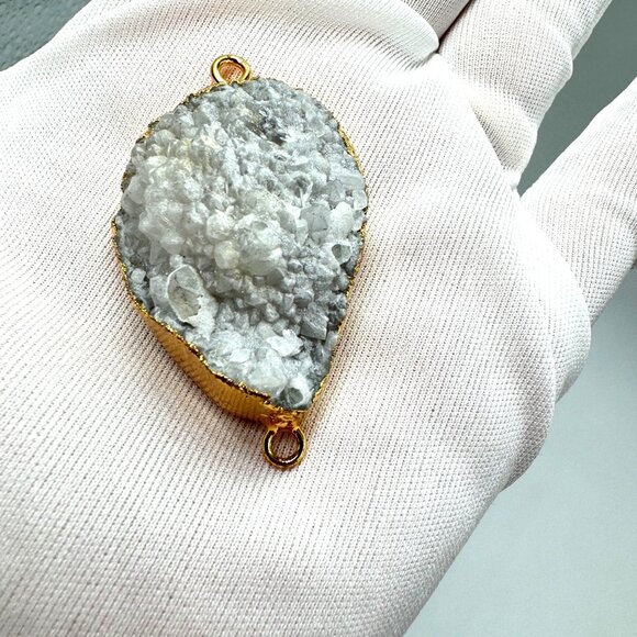 Smoke White Druzy Agate Geode Pendant 18K Gold Plated Boho Healing Crystal - Picture 1 of 16